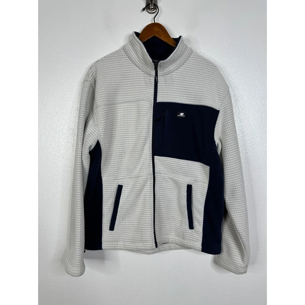 New Balance Mens Grid Waffle Fleece Full Zip Jacket Cream Navy Blue Size M